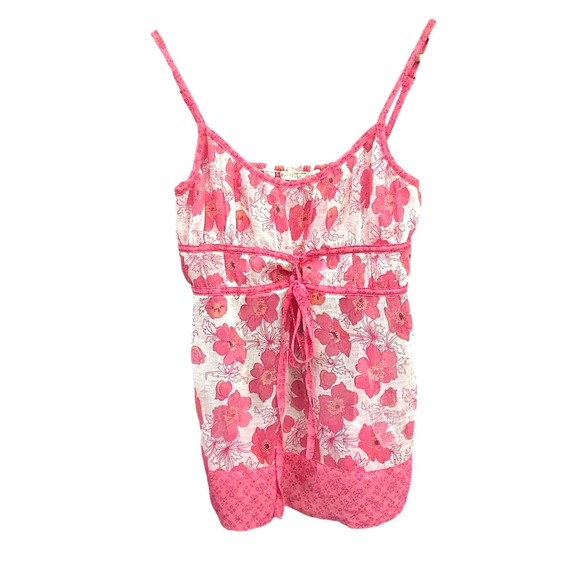 Y2K Vintage Guess Jeans Pink Floral Hibiscus Print Babydoll Front Tie Blouse - Picture 1 of 6